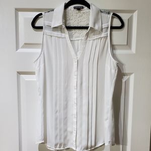 Express Button Down Sleeveless Blouse w/ Lace Shoulders and Pleated Acce…